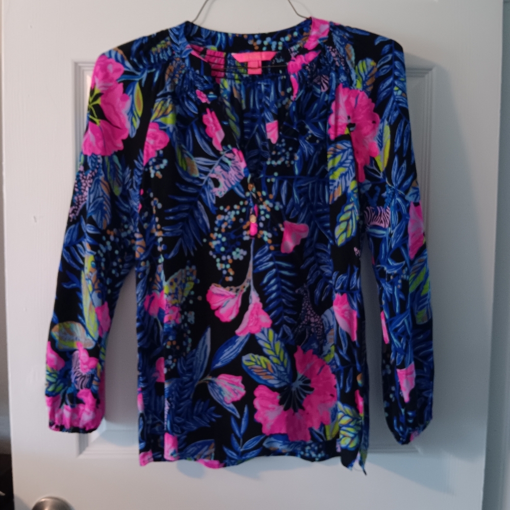 Lilly Pulitzer Elsa Silk Top, Onyx Earned Stripes, Size M